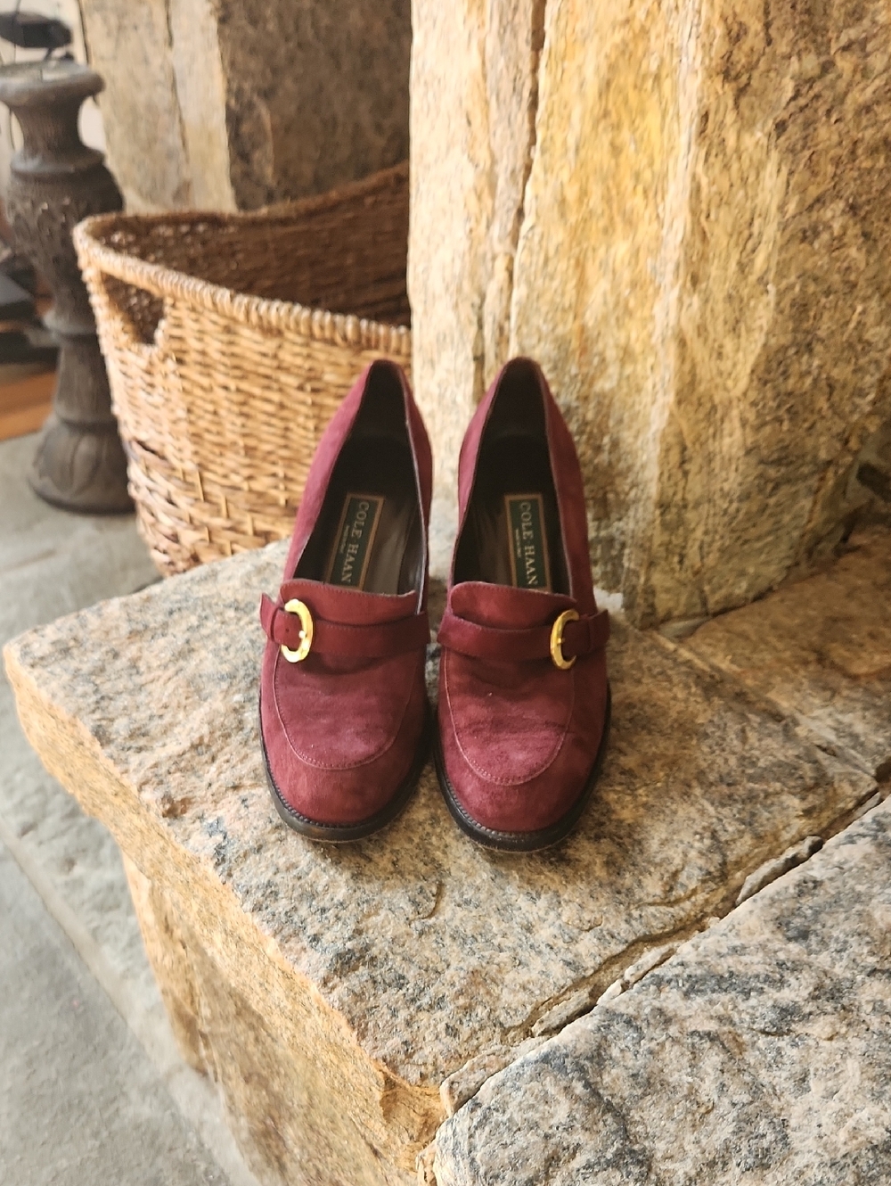Cole Haan Women's Burgundy Suede Loafers with Gold Buckle